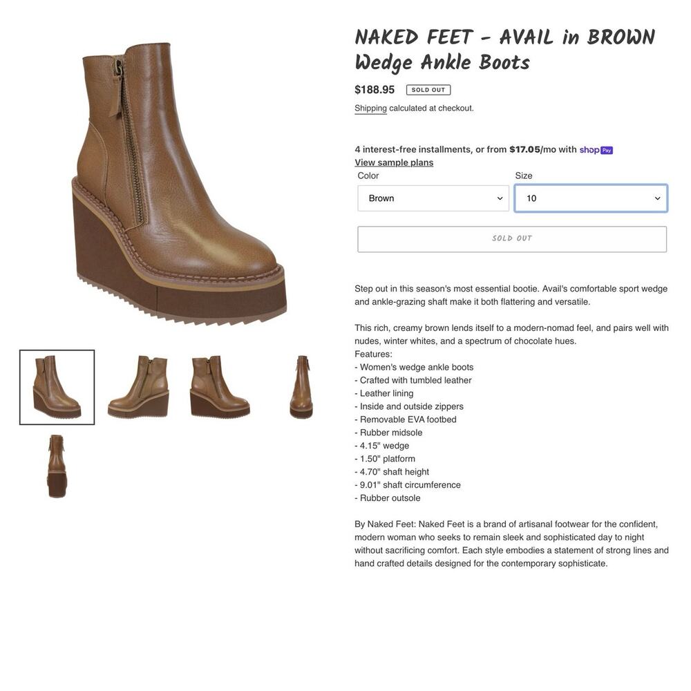 NAKED FEET - AVAIL in BROWN
Wedge Ankle Boots